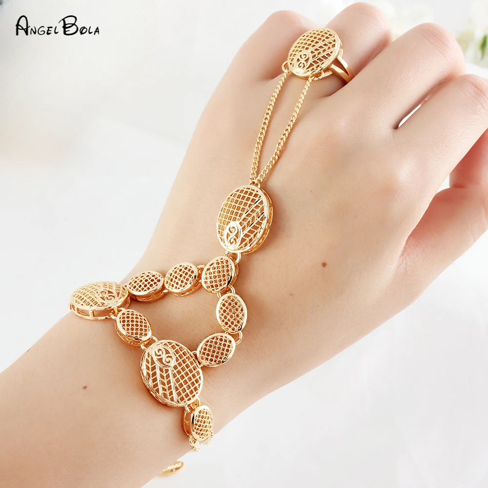 Deluxe Oval Hollow out Bracelet Finger Chain Ring Women Wedding Party Birthday Banquet Gold Jewelry Wholesale