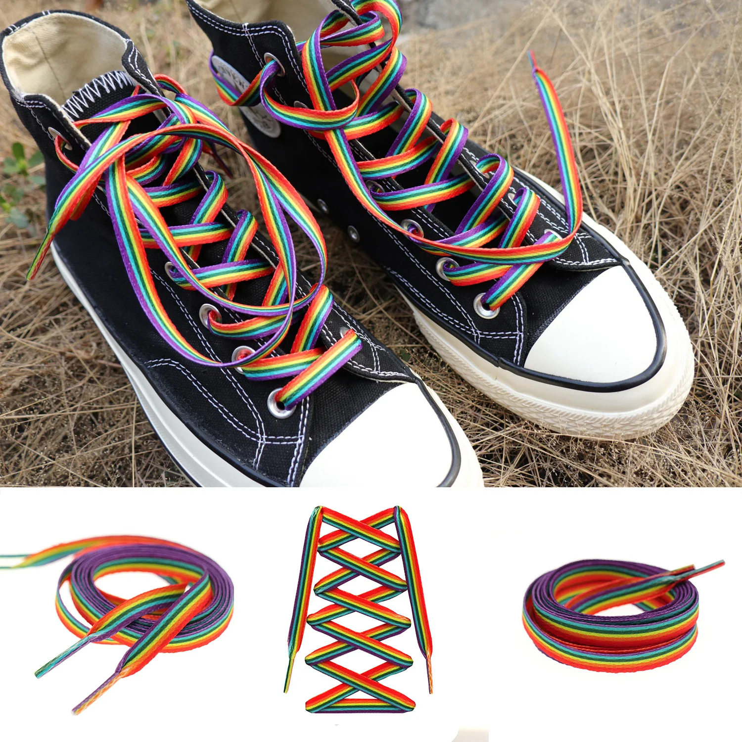 Tali sepatu pelangi 80-220cm tali sepatu panjang untuk sepatu kets tali sepatu berwarna untuk Sneakers tali sepatu Pride LGBTQ pelangi warna-warni