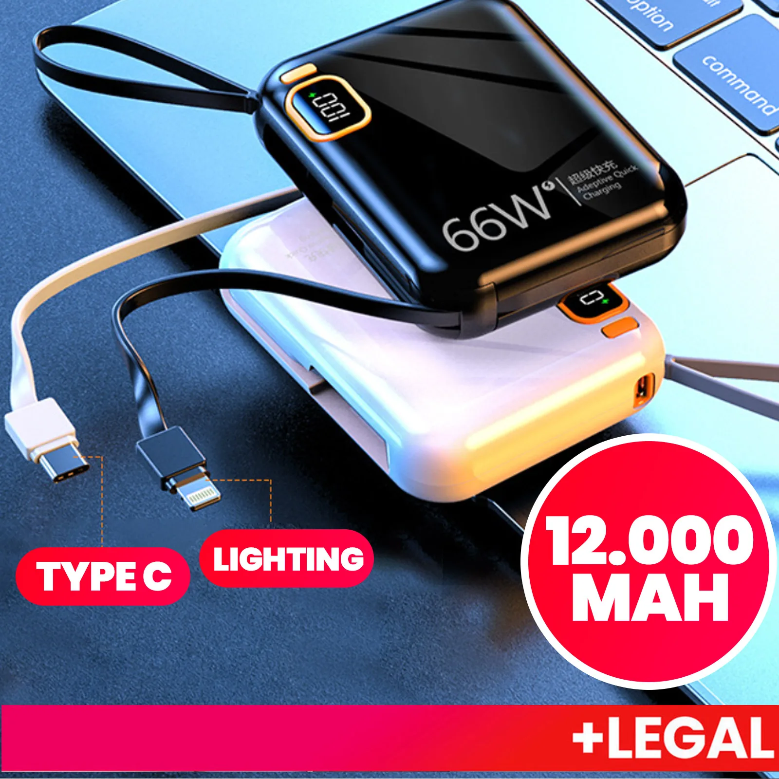 Power Bank 12000mAh Compacto Super Rápido com Cabo Integrado, Carregamento Duplo Rápido pa