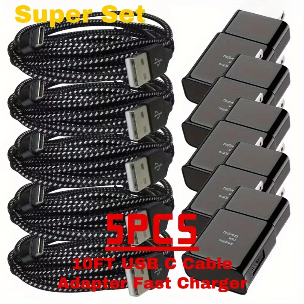 

5 шт. кабелей Type-C, быстрое зарядное устройство 15 Вт, сетевой адаптер, длинный кабель для Samsung Android, iPhone 15, 16, Xiaomi