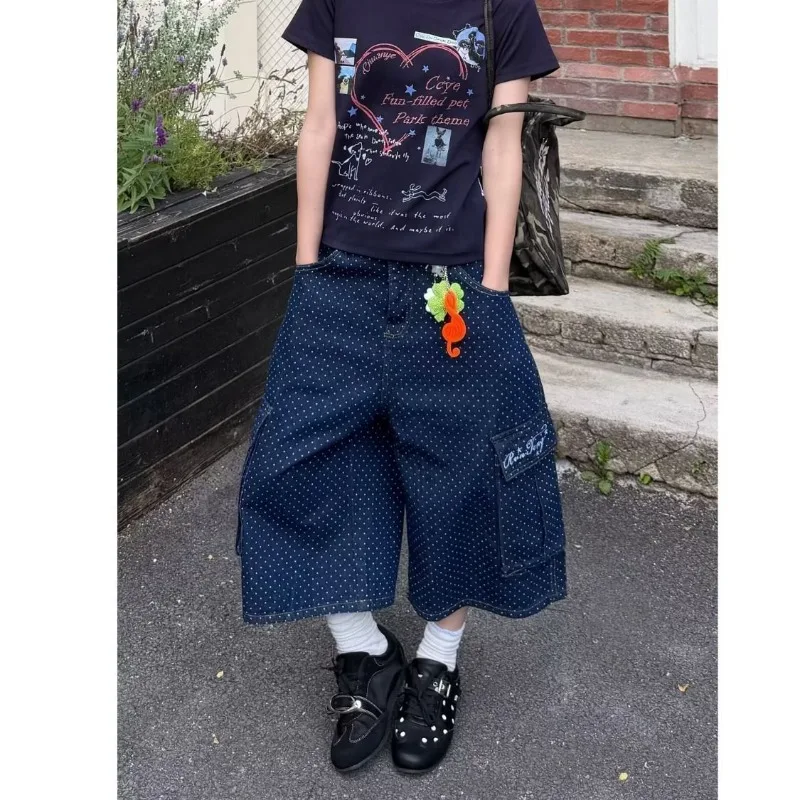 Summer Women's Retro Polka Dot Blue Shorts Y2k Cute Girl Wide Leg Streetwear High Waist Half Trousers Female Calf-length Pants