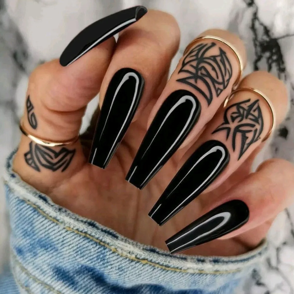 

48Pcs Bright Back Press On Fake Nails With Jelly Glue Super Long Ballerina Coffin False Nail Artificial Finger Manicure Tool