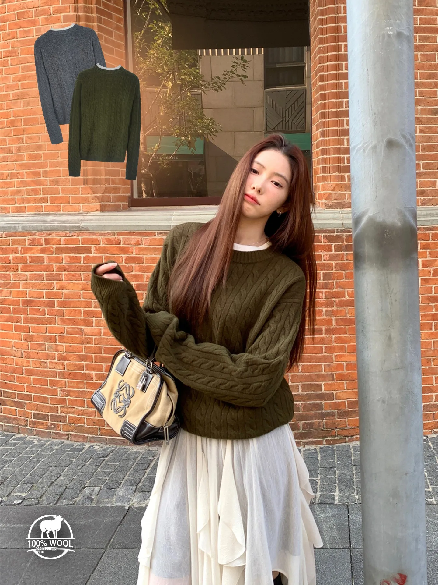 

Vintage round Ne Pullover Knitted Sweater Pure Color Loose Fit Woolen Yarn Twist Flower Design Fake Two-Piece Knitwear