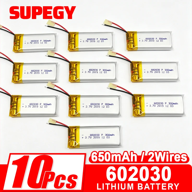 10pcs 3.7V 650mAh 602030 Lithium Polymer Lipo Rechargeable Battery For Bluetooth Headset Camera Bracelet watch
