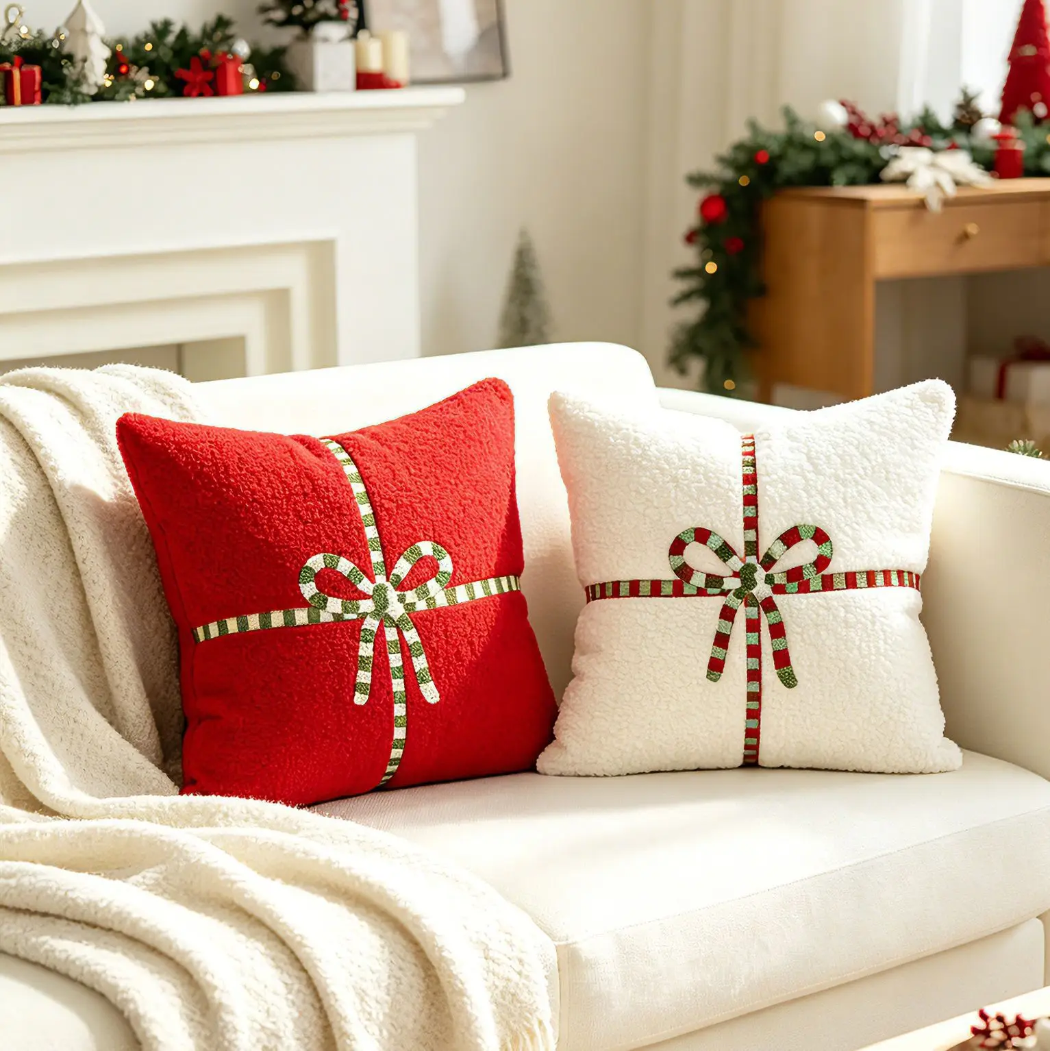 1/2pcs 45x45cm Christmas Throw Pillow Covers Red Ribbon Present Bow Boucle Sherpa Present Bow Pillow Case Holiday Christmas Gift