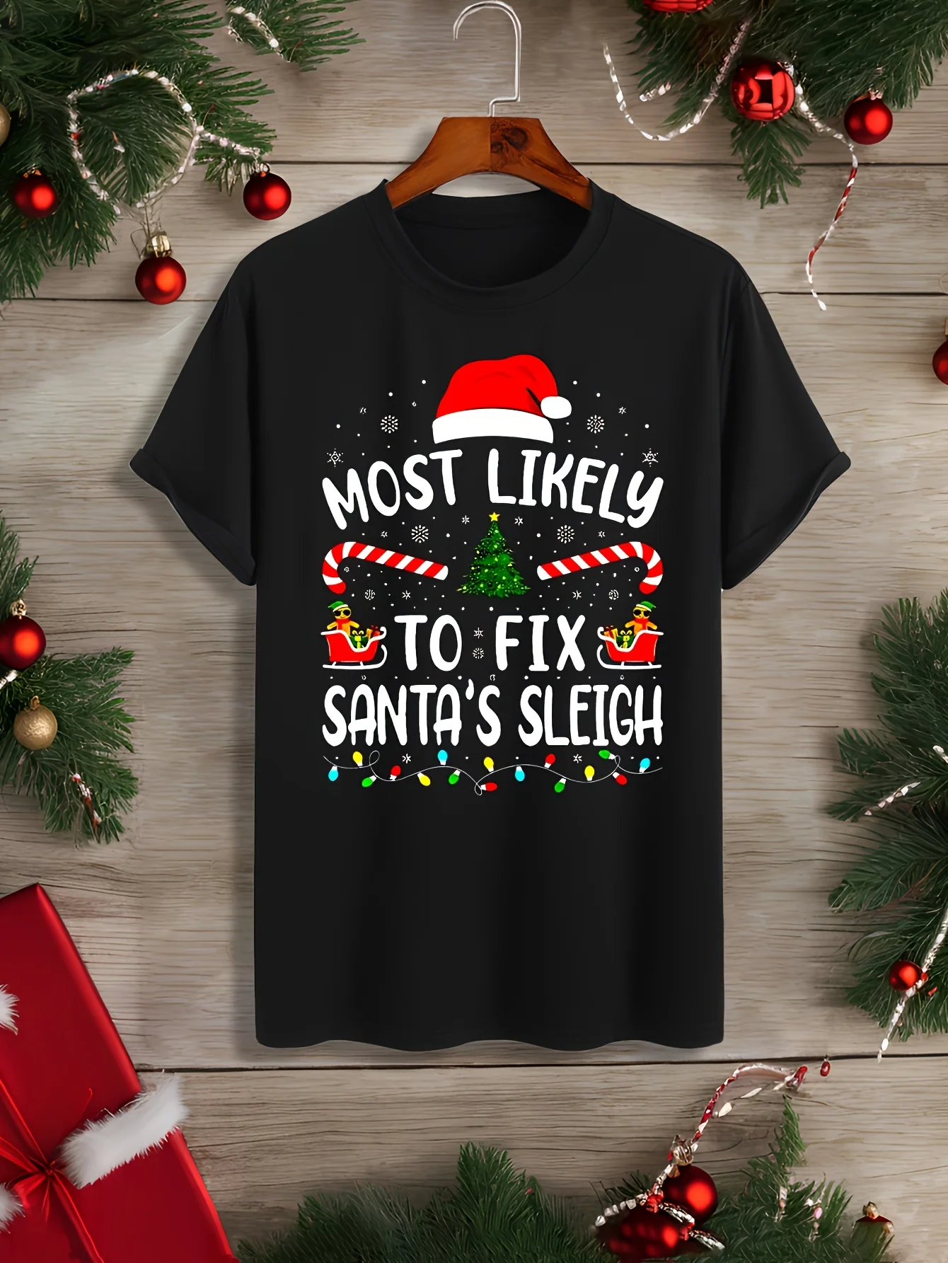 

Plus Size Men's Xmas Tee - "Most Likely to Fix Santa'S Sleigh", Santa Hat/Reindeer, Cotton Blend, Big & Tall Size