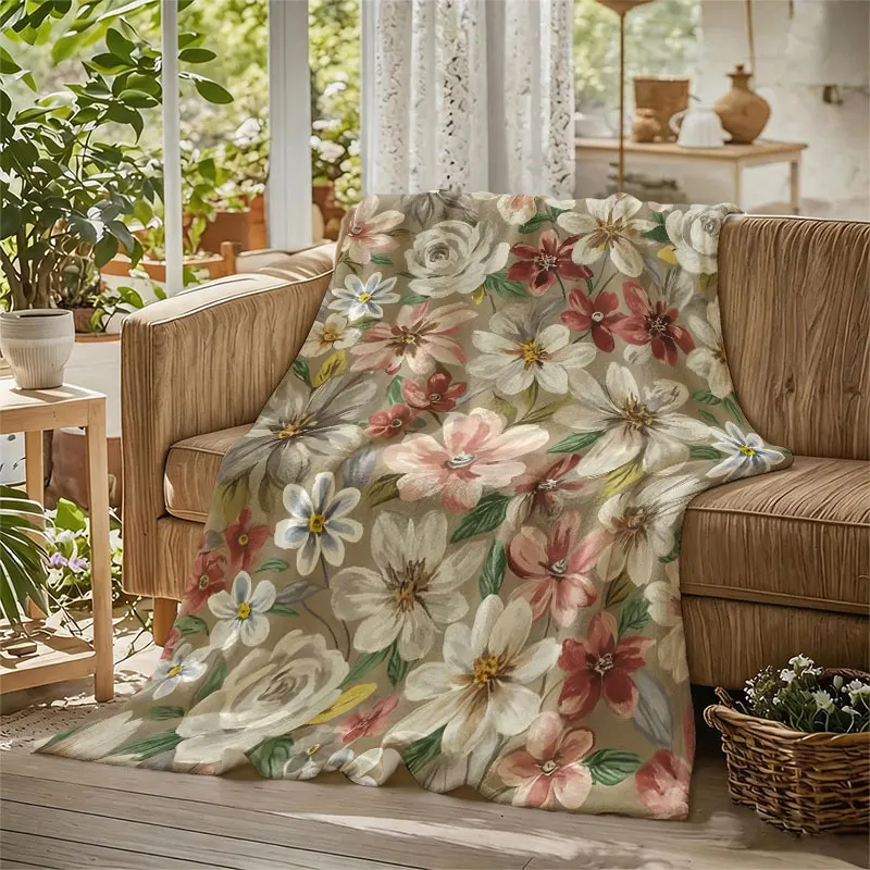 Vintage Muted Floral Flannel Blanket Perfect for Sofa Office Bed Travel Sleep Read Relax Camping Four Season Use