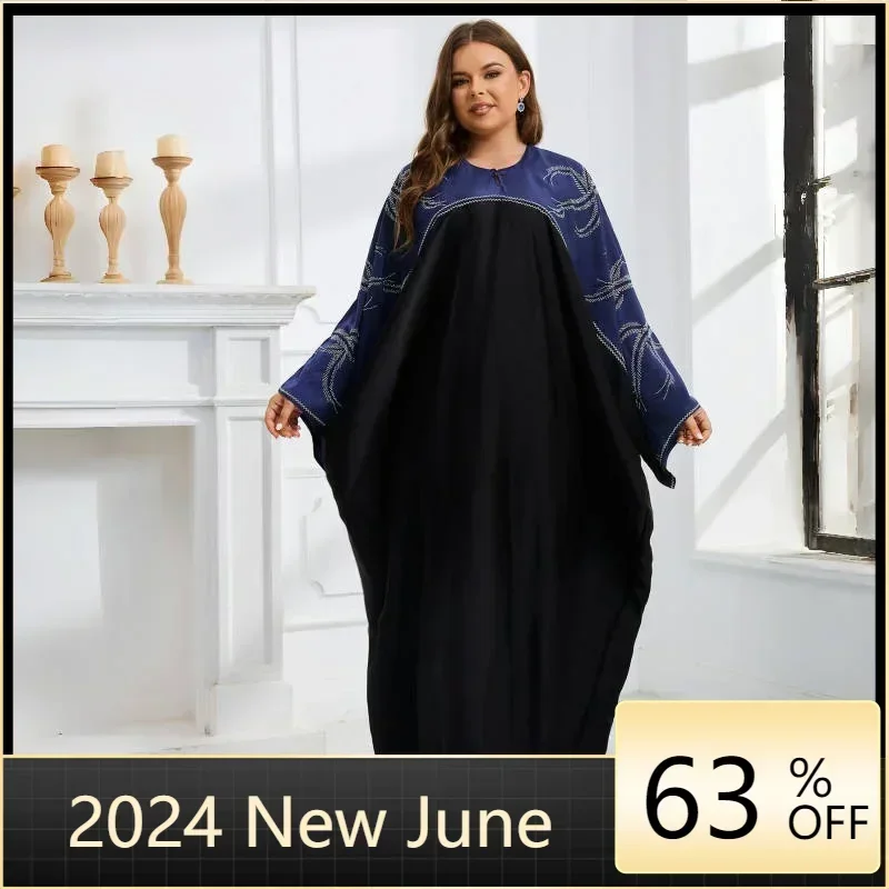 

Plus Size Muslim Dress Women Summer Autumn Muslim Long Sleeve Patchwork Diamonds Rhinestone Robes Abaya with Scarf Gowns Outfits