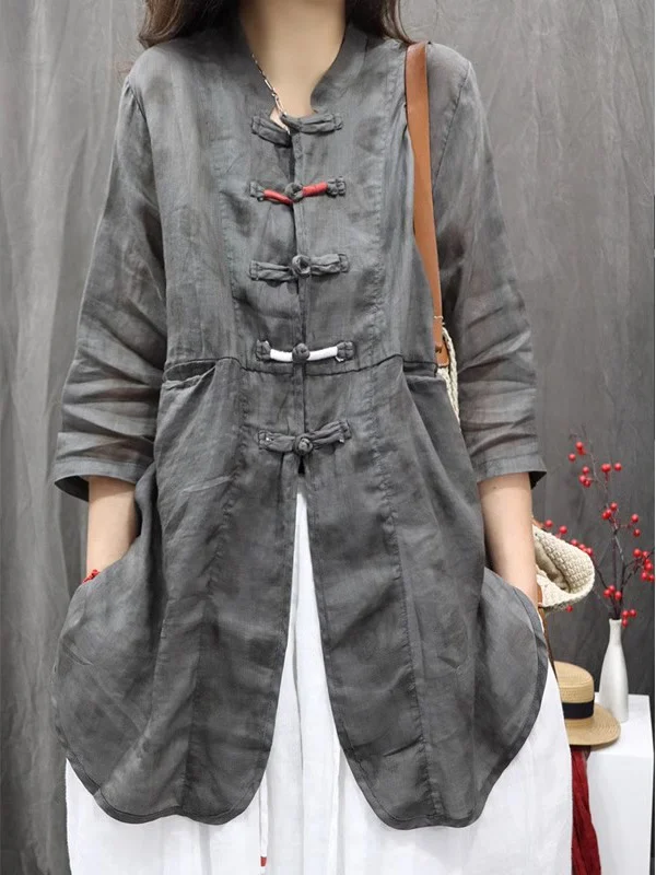Boho Chic Bluzka damska plus size, średniej długości, zapinana na guziki, ze stójką, luźny krój, letnia, z mieszanki bawełny.
