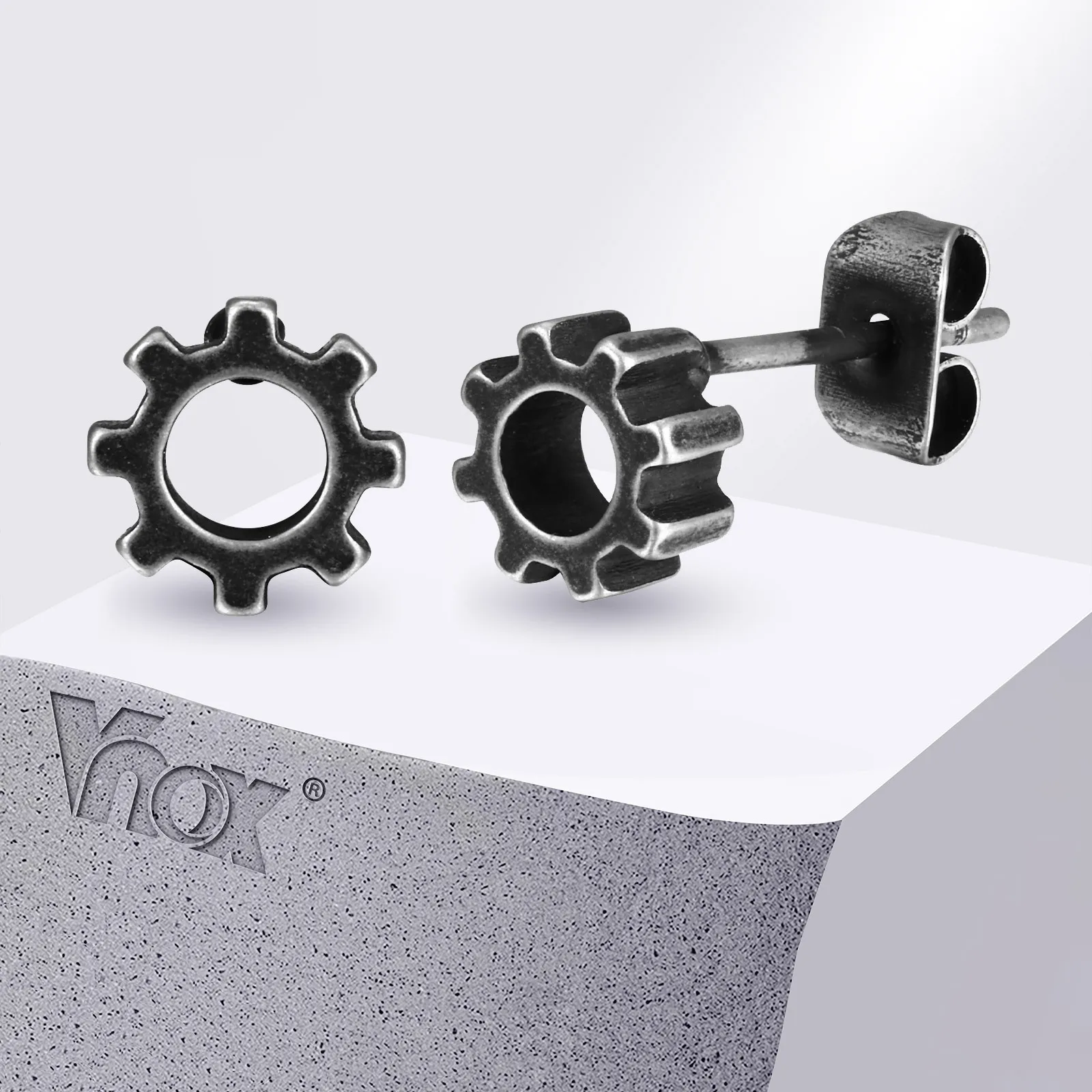 Vnox Small Gear Stud Earrings for Men Boys, Stainless Steel Men Punk Stud Gift For Him, Personality Vintage Jewelry