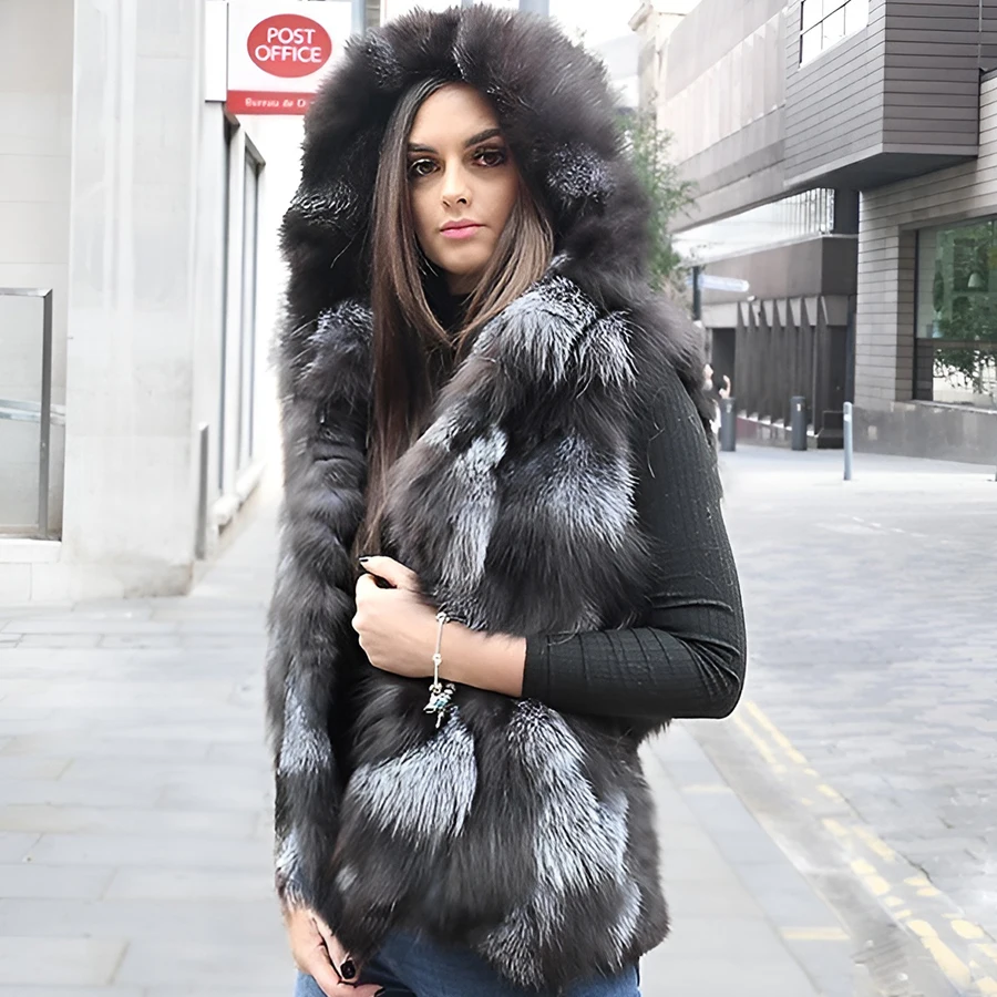 Luxury Fox Fur Hood Gilet Genuine Fox Fur Vests Womens 2024 New Arrivals Fox Fur Waistcoats Ladies