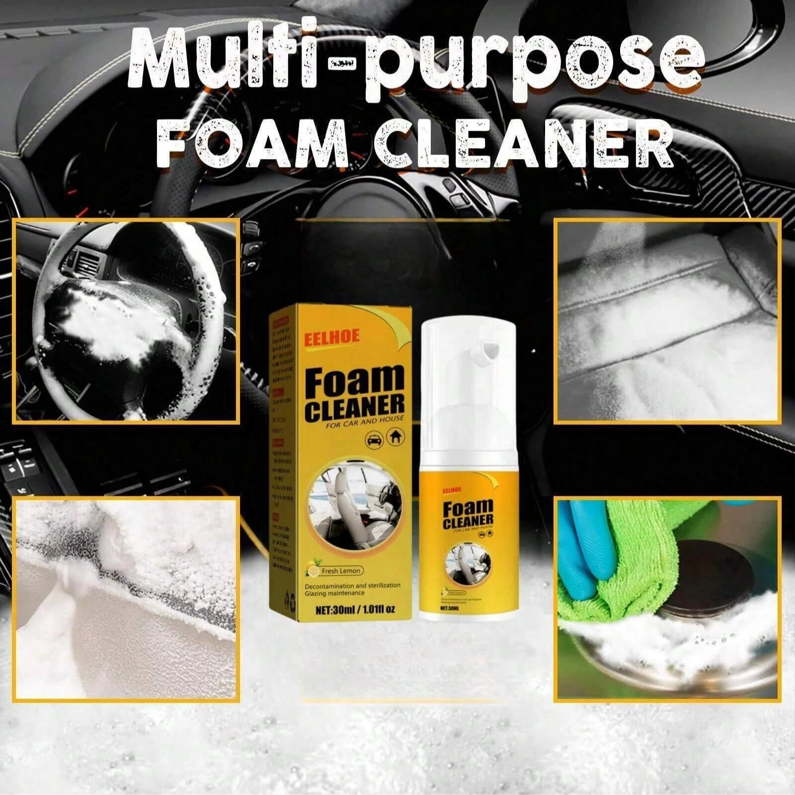 Multi Surface Foam Cleaner 30ml Lemon Scent Car Door Panel Leather Fabric Stain Remover Household Portable Interior Cleaning Kit