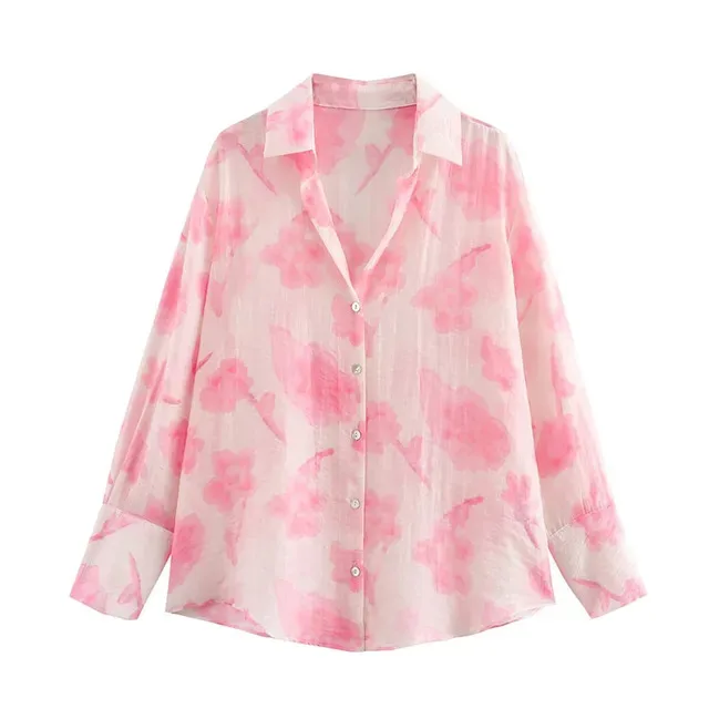 

BabYoung Summer Fashion Woman Blouses Pink Print Turn-Down Collar Long Sleeves Single Breasted Female Loose Casua Shirts