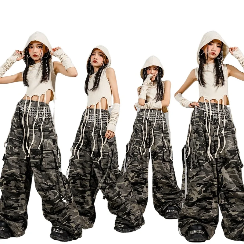 

Kid Modern Dance Clothes Girl Jazz Dance Lace up Crop Hoodie Camouflage Pants Navel Performance Suit Kpop Group Stage Costume