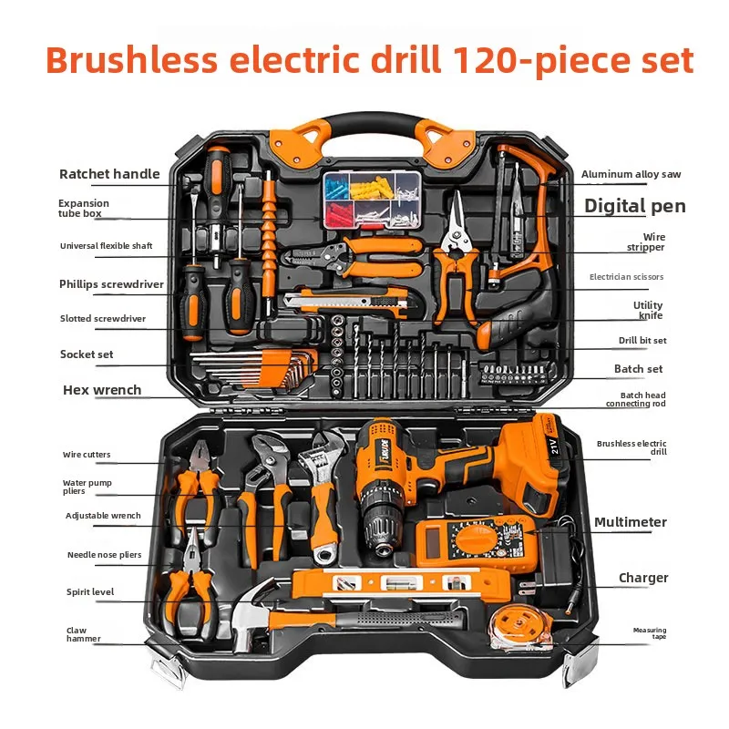 120 Piece Household Tool Set with 12V Cordless Lithium Drill Carbon Steel Hand Tools Including Sockets Screwdriver Bits Pliers