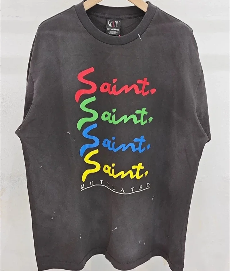 Splash-ink Saint Michael Retro T Shirts Men Women High Quality Rainbow Saint Letter Print T Shirts