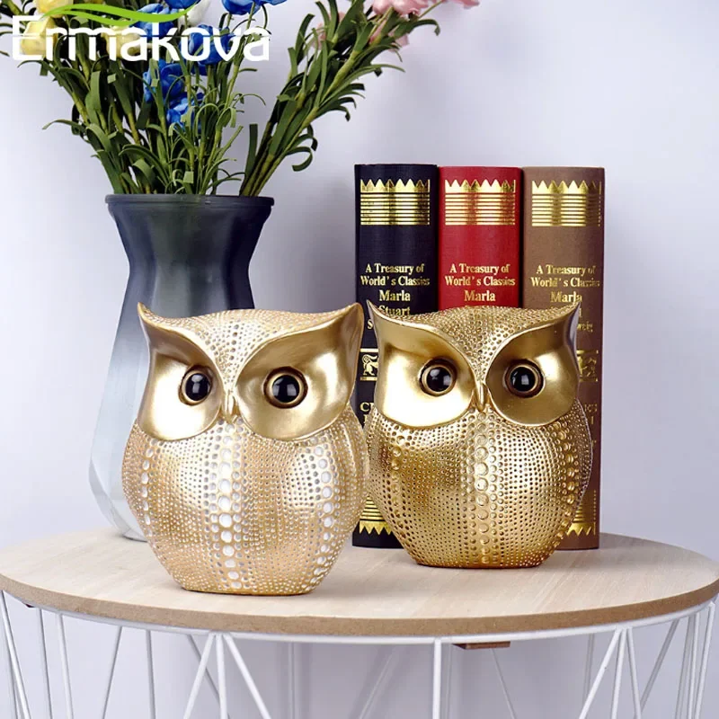 ERMAKOVA 16cm Nordic Golden Owl Statue Figurine Resin Animal Sculpture Crafts Home Living Room Office Decoration Gift