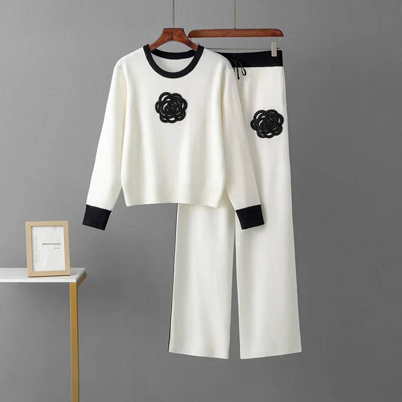 

Casual White Knitted Two Piece Sets Women Floral Sweater Top+Pant Sets Knit Tracksuit Women Spring Autumn Set For Women Black