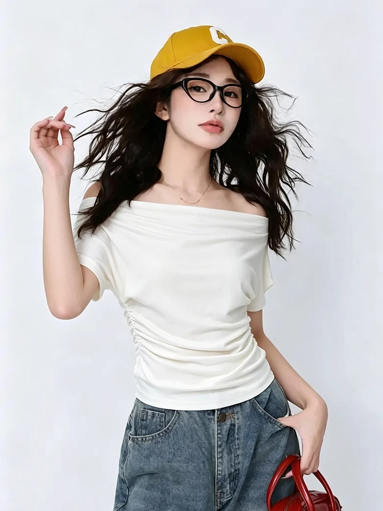 Basic Solid Color Cowl Neck Short Sleeve T-shirt For Women Figure Flattering Side Gathered Waist Soft Casual Off Shoulder Blouse