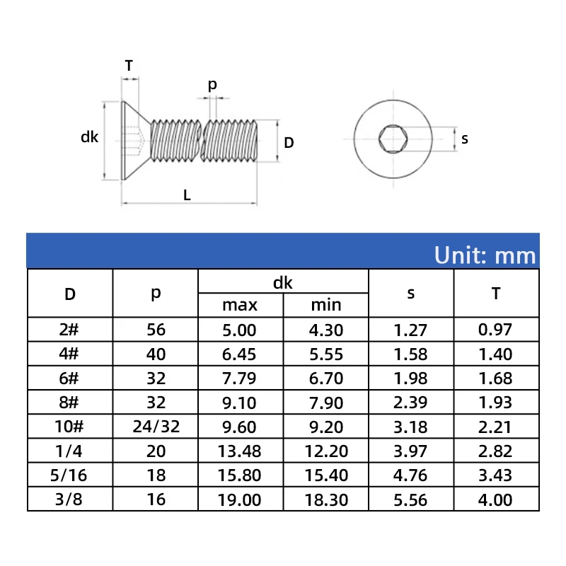 Vis 6-32 UNC Tête Fraisée Hexagonale – Inox A2 304, Filetage UNC, Lot De 50