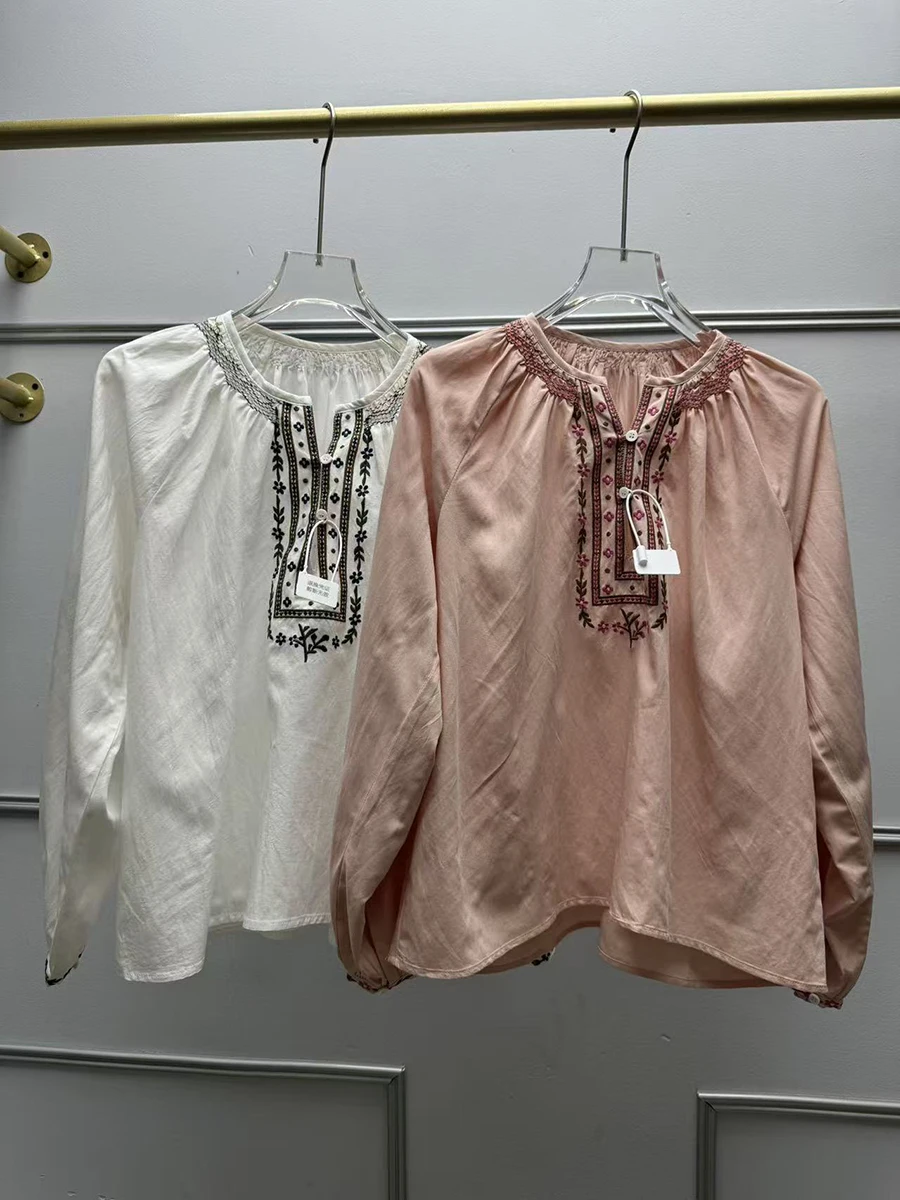 Chemisier brodé de fleurs françaises pour femmes, manches longues bouffantes, chemises Vintage de styliste, hauts élégants à la mode, printemps-automne, 2026