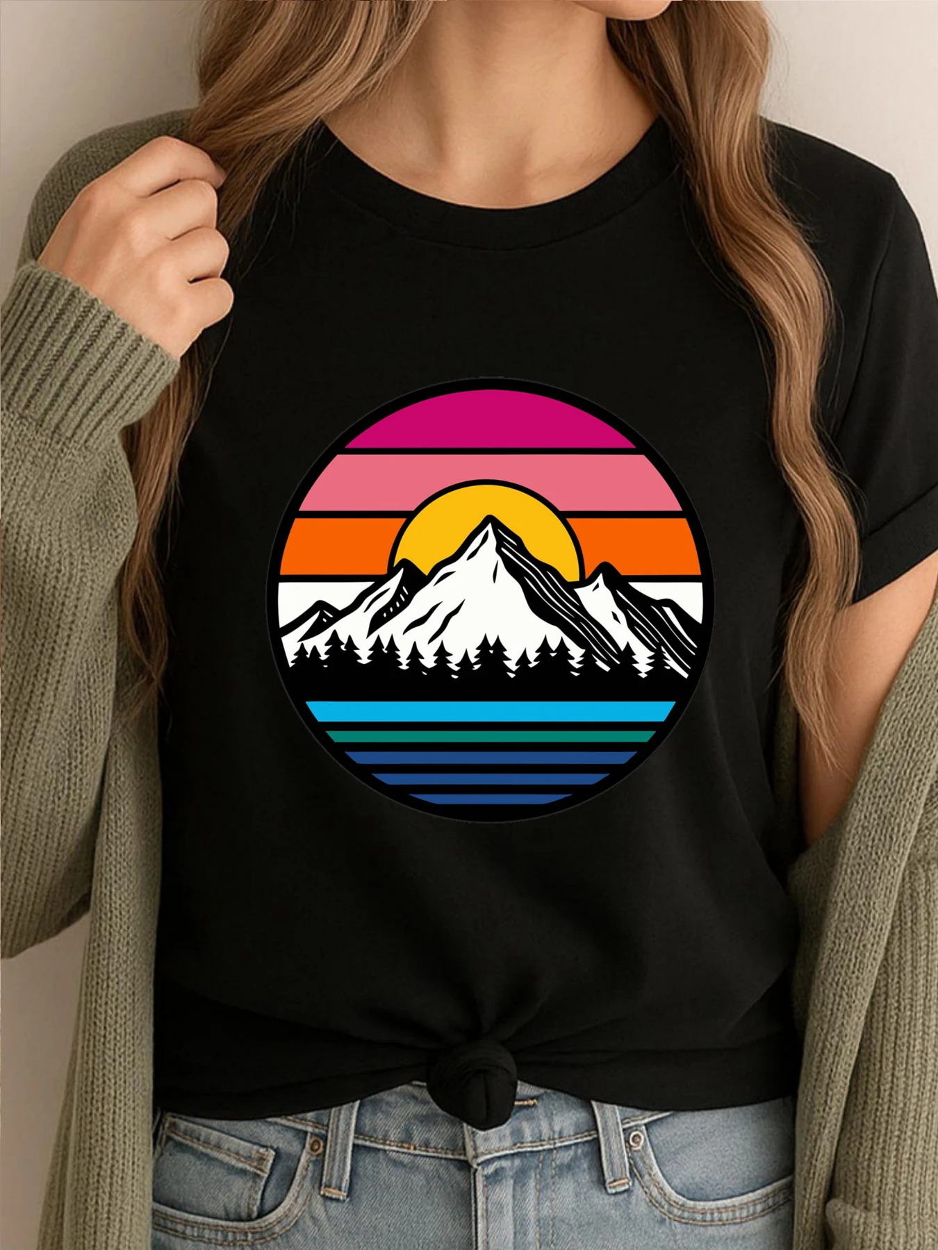 

4wd Adventure Retro Mountain Stripes For Outdoor Lovers Black T Shirt For Men Vaporwave Printed Tees Mens Oversized Shirt