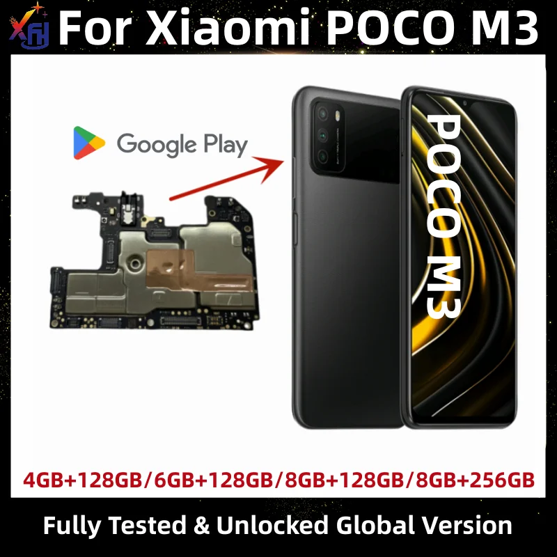 Motherboard for Xiaomi Poco M3, Logic Board, Unlocked Main Circuits Board, Global Version, 100% Original