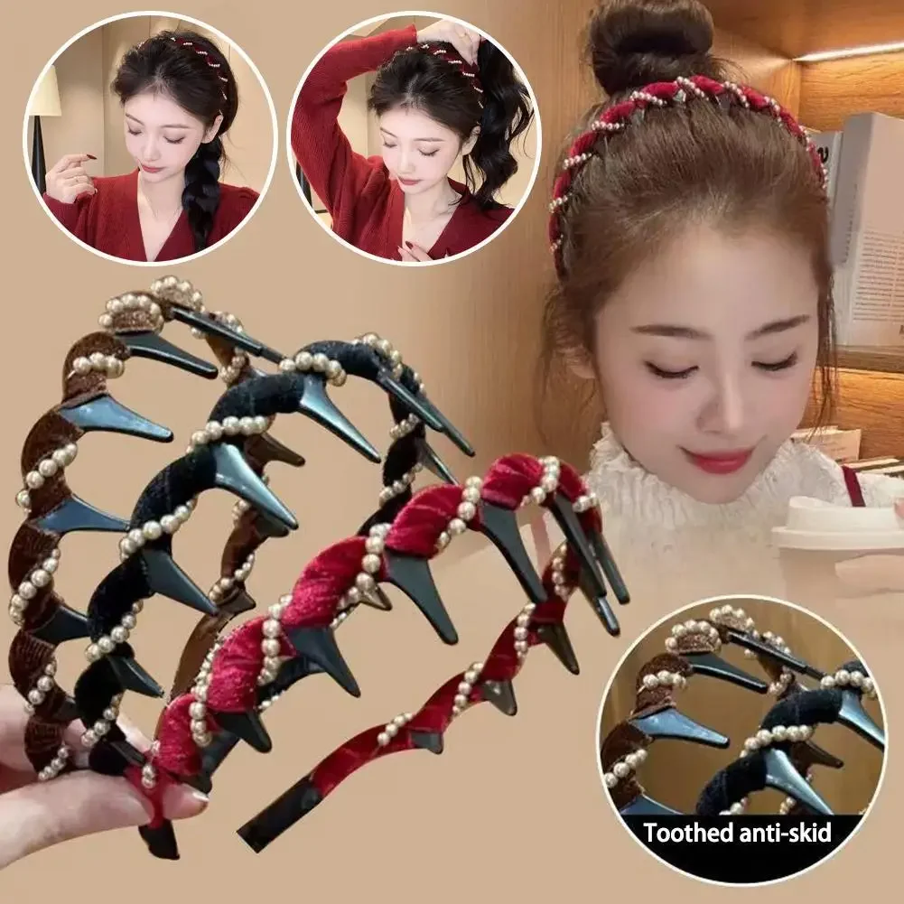 빈티지 벨벳 진주 웨이브 헤어밴드 미끄럼 방지 톱니형 헤어밴드 여성 소녀용 패션 달콤한 헤어 액세서리