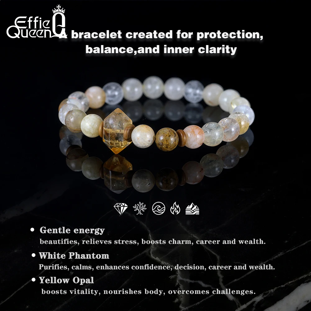 EFFIE QUEEN Natural Stone Bead Bracelet White Phantom Yellow Opal Boho Beach Summer for Women Crystal Jewelry Adjustable GMB89 6