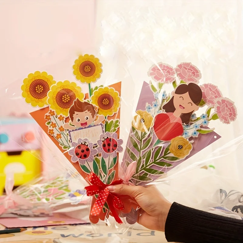 

6sets Mother's Day Gift Paper Hand-held Flower Greeting Card Making Material Kit Kindergarten Children Handmade Greeting Card