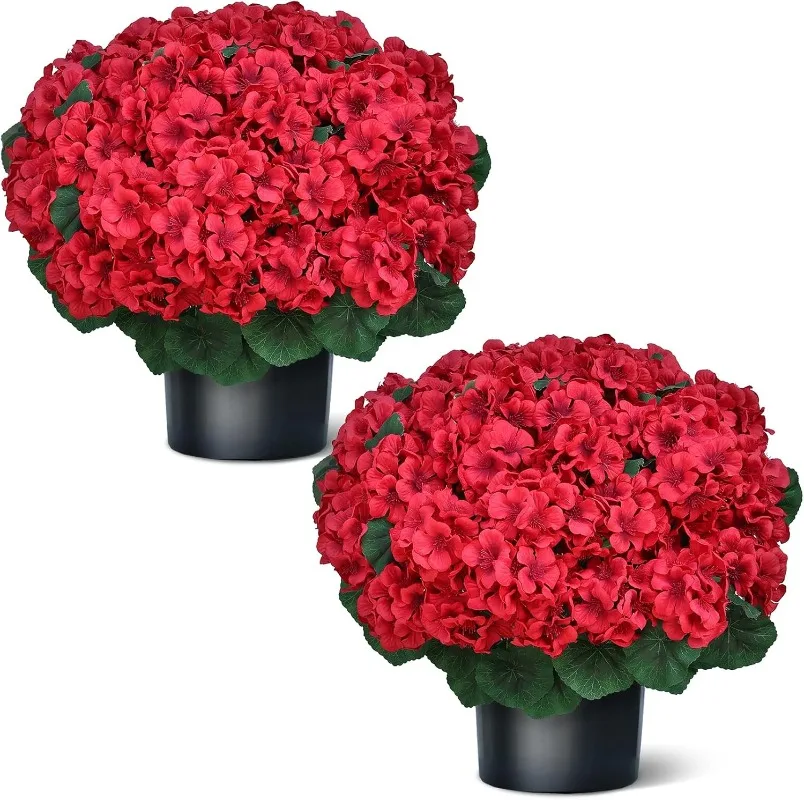 

18" Artificial Geraniums Topiary - 2 Set for Front Porch Decor,Faux Silk Flowers Bushes UV Resistant Potted Plants for Outdoor I