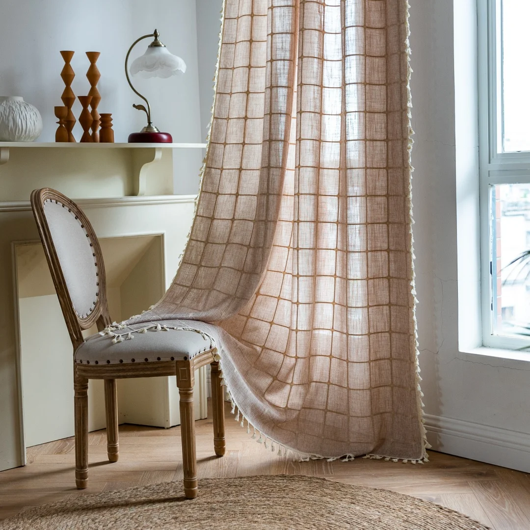 Japanese living room bedroom tassel brown Fang Gezi window screen curtain simple cotton and linen plaid window screen