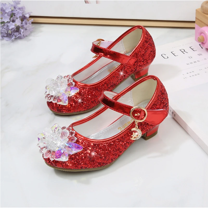 Girls Princess Leather Shoes Crystal Kids Sequins High Heel Shoes Fashion Luxury Rhinestone Children\'s Glitter Dance Dress Shoes