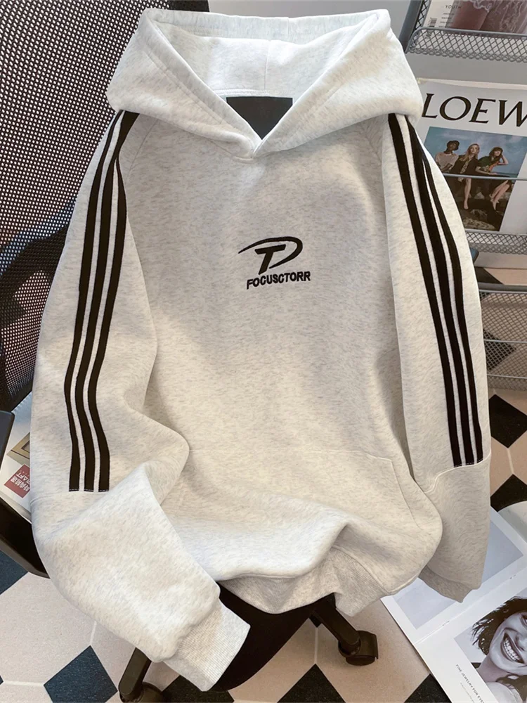 

American High Street Tee Bars Letter Embroidery Heavyweight Sweatirt Women's Autumn Winter Trendy Brand Couple's Clothing