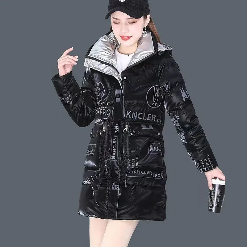 New Bright Face Wash Down Cotton Coat Women's Long Korean Winter Thicke Warm Padded Jacket Female Casual Hooded Parker Overcoat