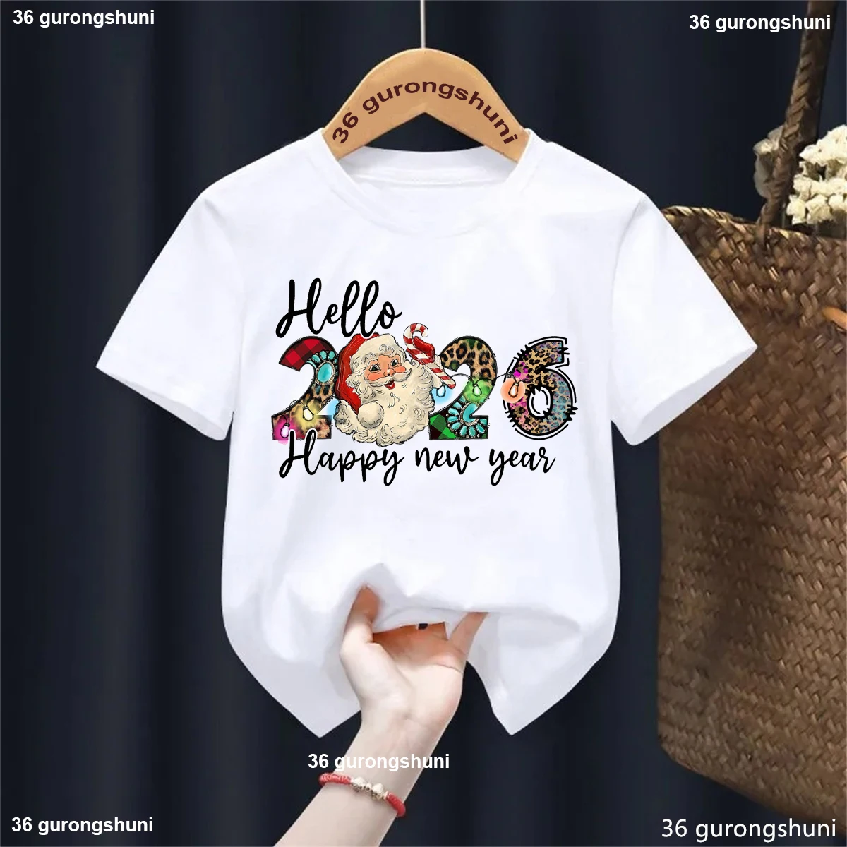 

New Leopard Print Hello 2026 T-Shirt Happy New Year Party Gift Merry Christmas Tshirt Boys Girls Kids Clothes Blue Tees Tops
