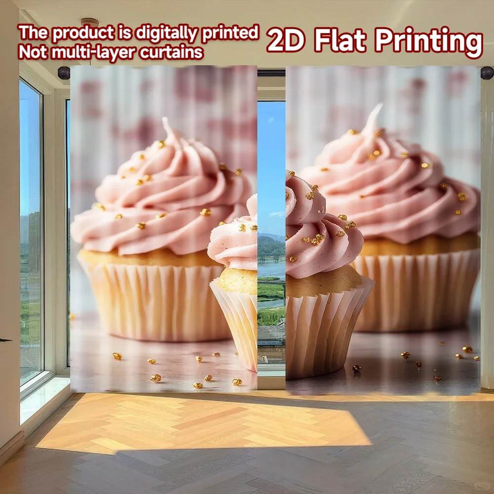 

2D flat printing 2pcs Window Curtains Birthday Pink Cupcake Trio Digital Printed Polyester Drapes Festive Wall Decor Use for