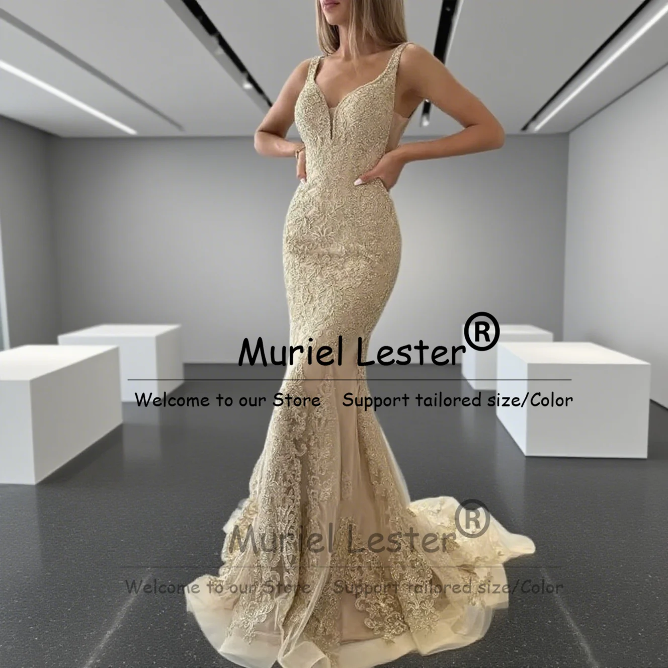 

Luxury Lace Appliques Beads Prom Dresses For Wedding Guest Customized V Neck Backless Mermaid Evening Party Gowns Robe De Soriee