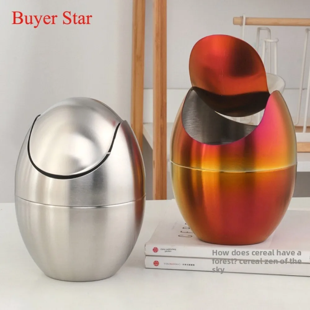 

304 Stainless Steel Trash Can Small Egg Shaped Flip Lid Desktop Mini Waste Bin for Office Home Bathroom Use 124