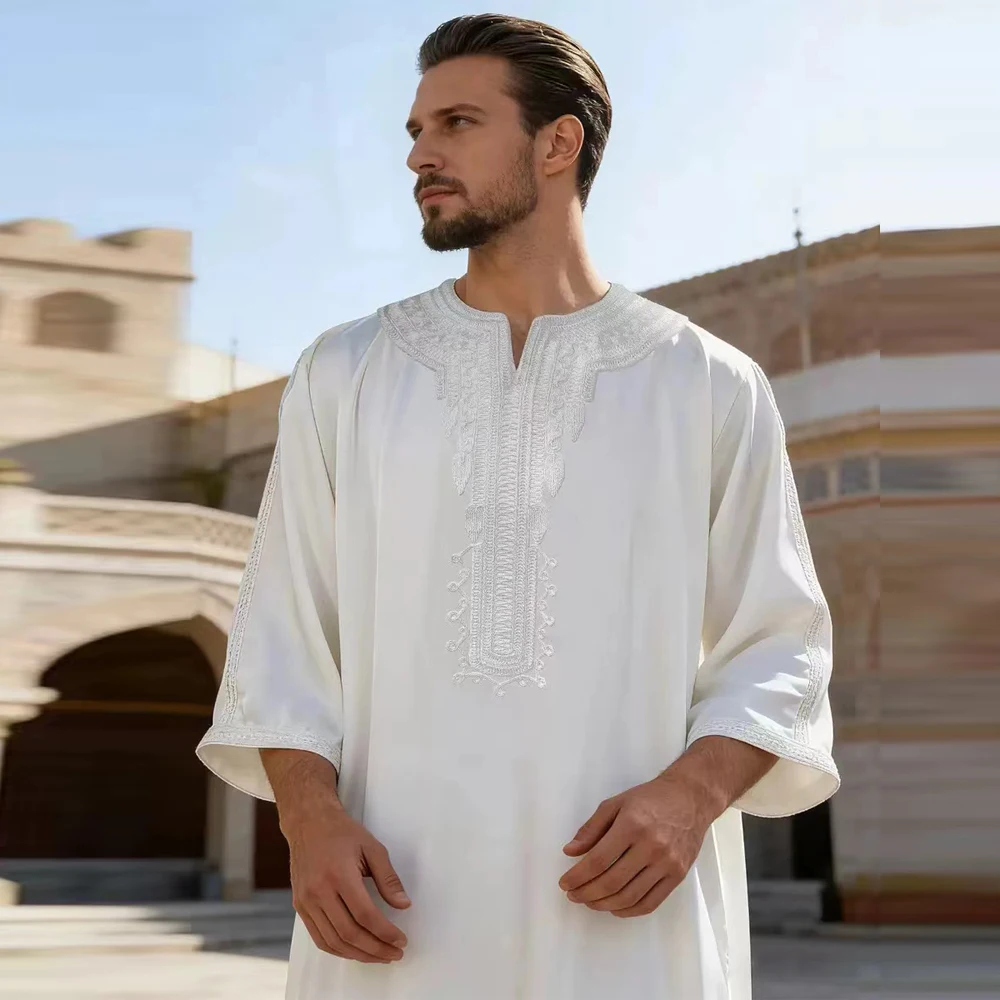 Muslim Men's White Thobes Moroccan Embroidered Islamic Loose Abaya For Holiday Parties Man Arab Long Robe Dress Gown