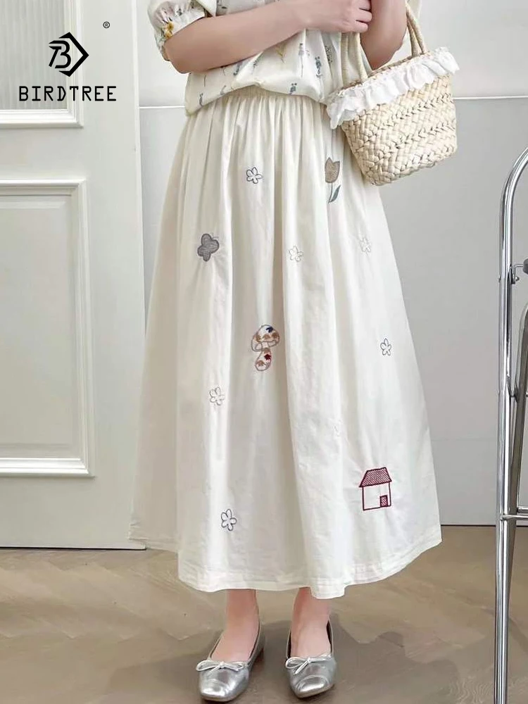 

New 2025 Summer Cotton Skirt, Women Elastic Waist Cartoon Embroidery, Mori Girl Versatile Sweet Party Chic Loose Skirt B54018CC