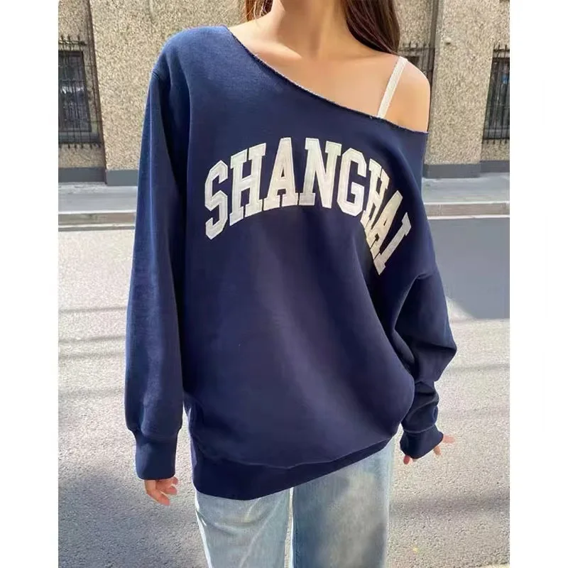 SHANG HAI Letter Print Autumn Women Sweatshirt Slanted Shoulder Streetwear Harajuku Pullovers Nacy Blue Vintage Y2K Tops