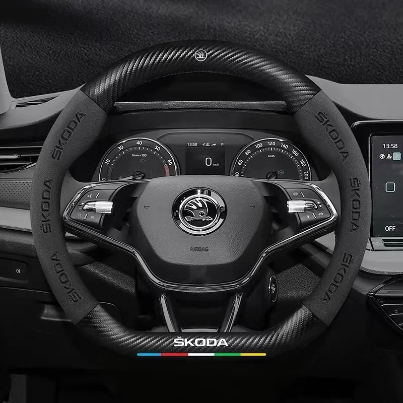 For Skoda VRS Octavia a5 Kodiaq Karoq Kamiq Scala Superb Yeti Fabia ENYAQ Citigo Car Anti-Slip Carbon Fiber Steering Wheel Cover