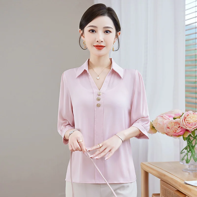 New Women\'S Summer Fashion Versatile Professional Shirt With Loose Temperament Commuting Chiffon 7-Point Sleeve V-Neck Top