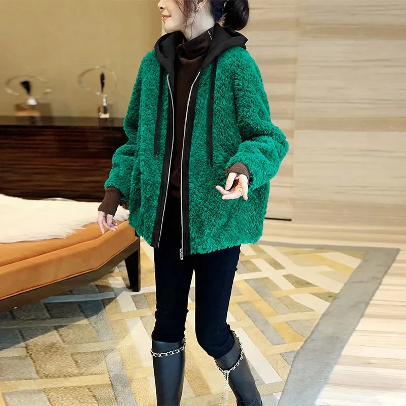 Green Plush Jackets For Women 2023 Zipper Hooded Stitching Coat Autumn Winter Fashion Long Sleeves Chamarras Para Mujer