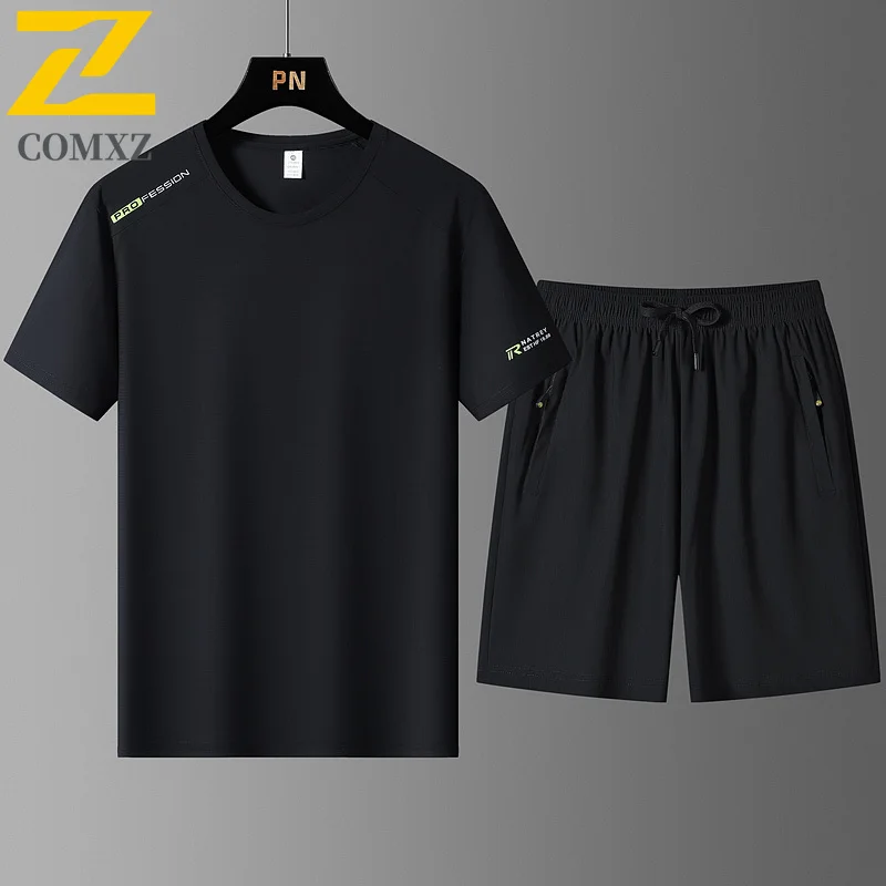

New Sports Suit Summer High-quality Short Sleeved Men Loose Quick Drying Ice Silk T-shirt Jogging Sports Shorts Men Clothing 8XL