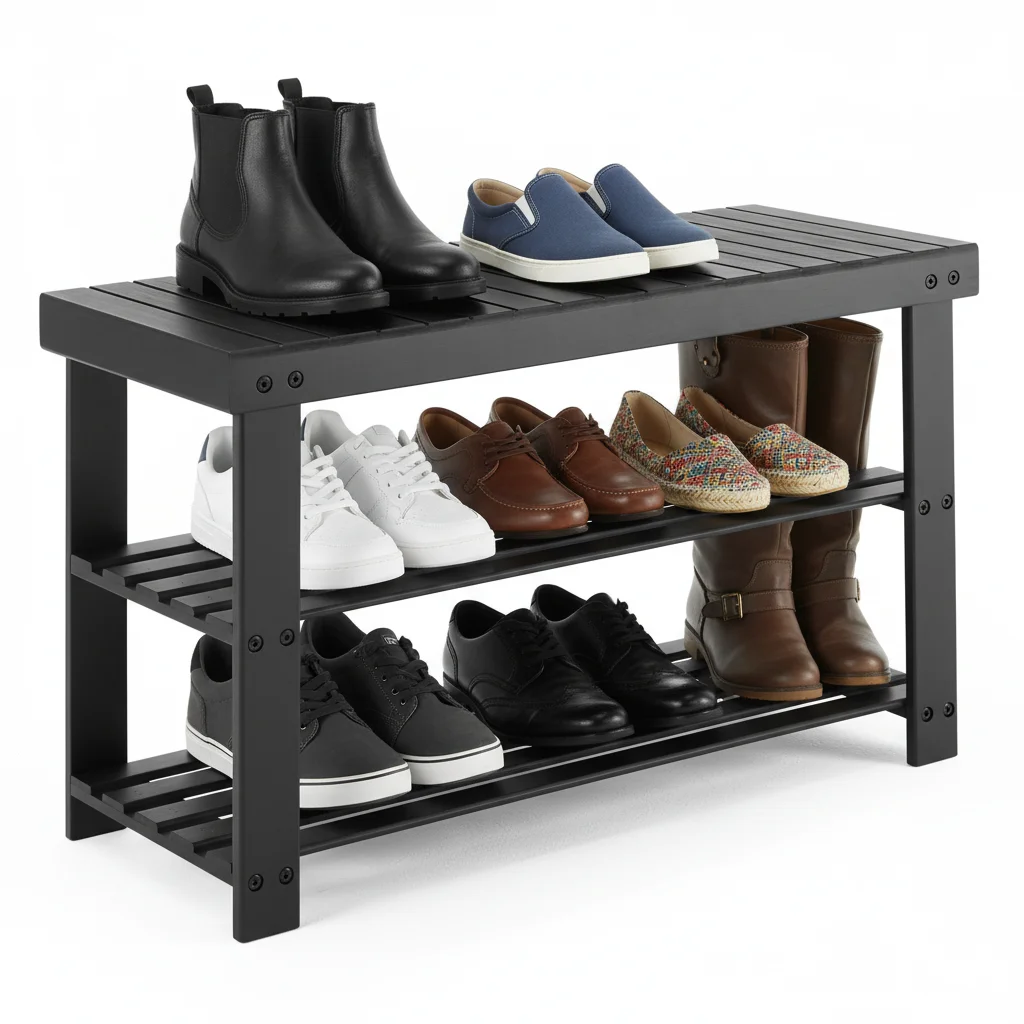 3段シューズラックベンチ、竹製玄関収納オーガナイザー、玄関ドア、寝室、リビングルーム用シューズスタンド、ブラック