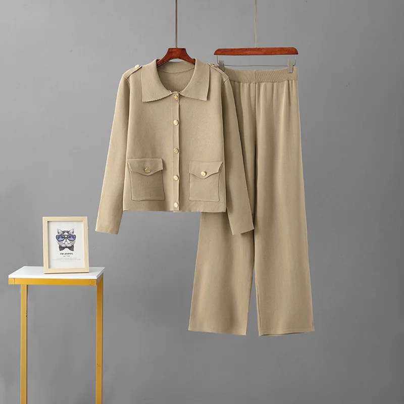 สไตล์เกาหลีฤดูใบไม้ผลิใหม่ผู้หญิงถักเสื้อกางเกงขากว้าง 2 ชิ้นชุดแฟชั่นเสื้อสเวตเตอร์ถักชุดเดินทางสบายๆ