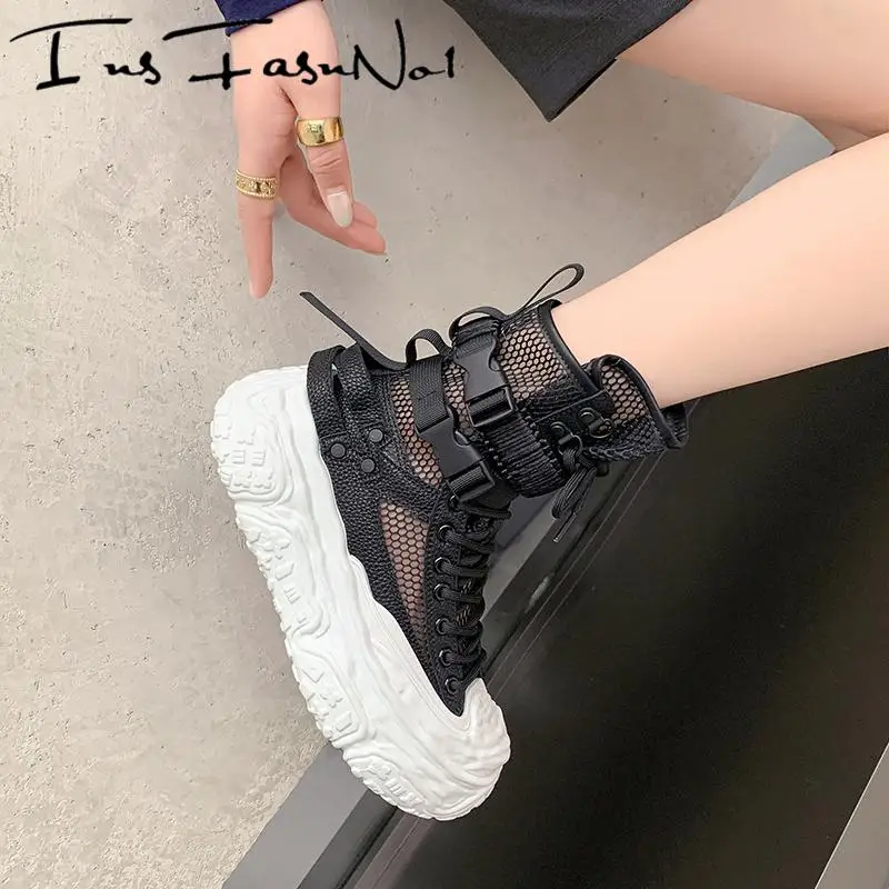 Street Style Air Mesh Genuine Leather Thick Sole Platform Ankle Women Knight Boots Lace Up Buckle Strap Summer Punk Female Shoes