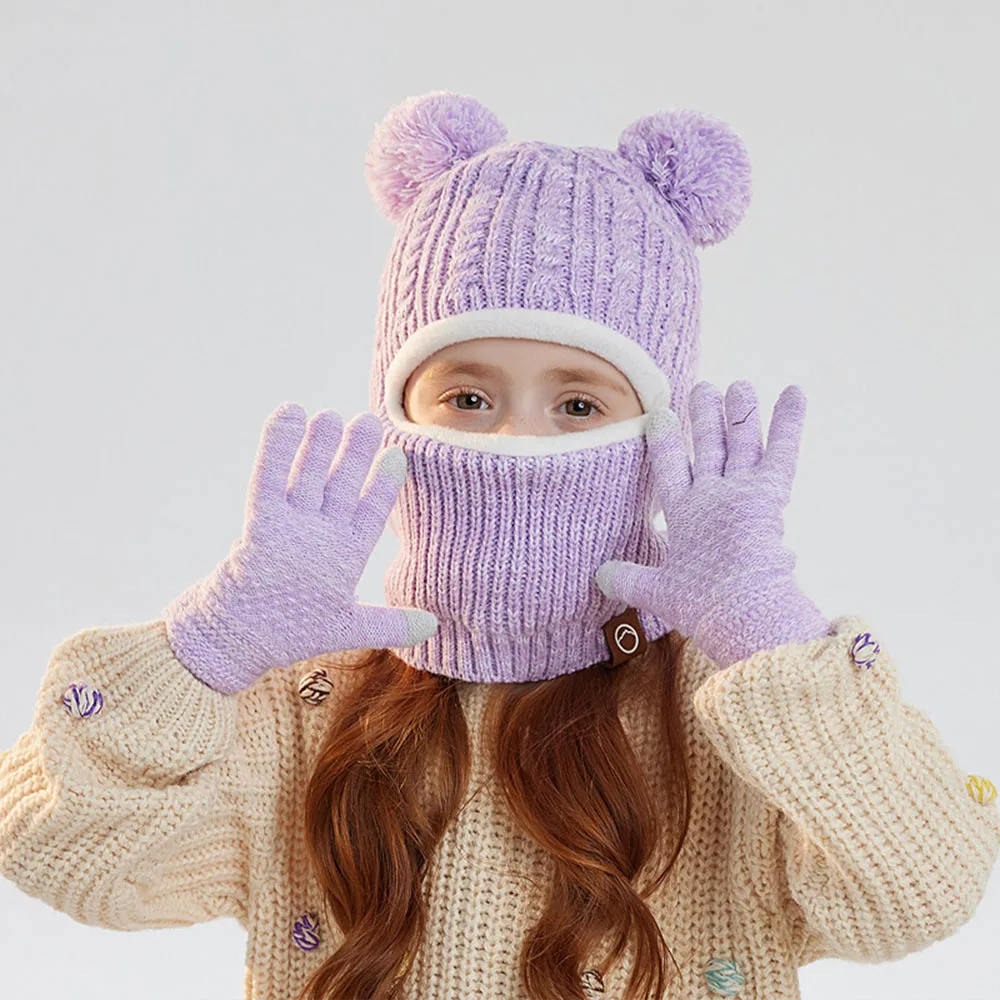Winter Warm 2pcs Set: 4-10Y Boys and Girls One-Piece Hat, Mask & Scarf with Thick Fleece Knit Cap and a Pair of Gloves